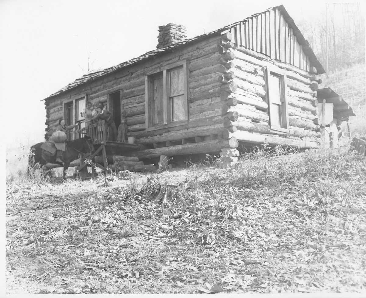 A pack horse librarian at an isolated mountain house, carrying books in saddle bags and hickory baskets, year unknown.