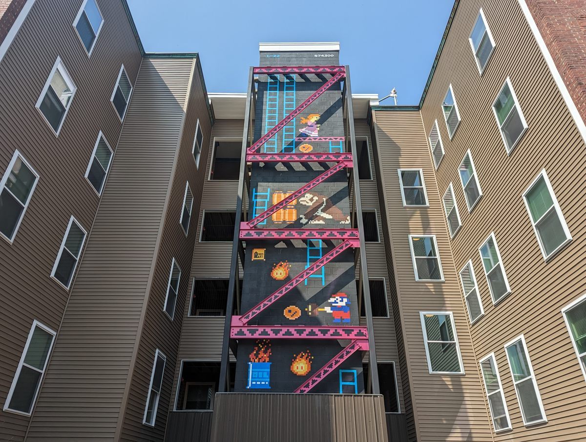 This mural turned an apartment building’s elevator shaft into a level from the classic arcade game Donkey Kong.