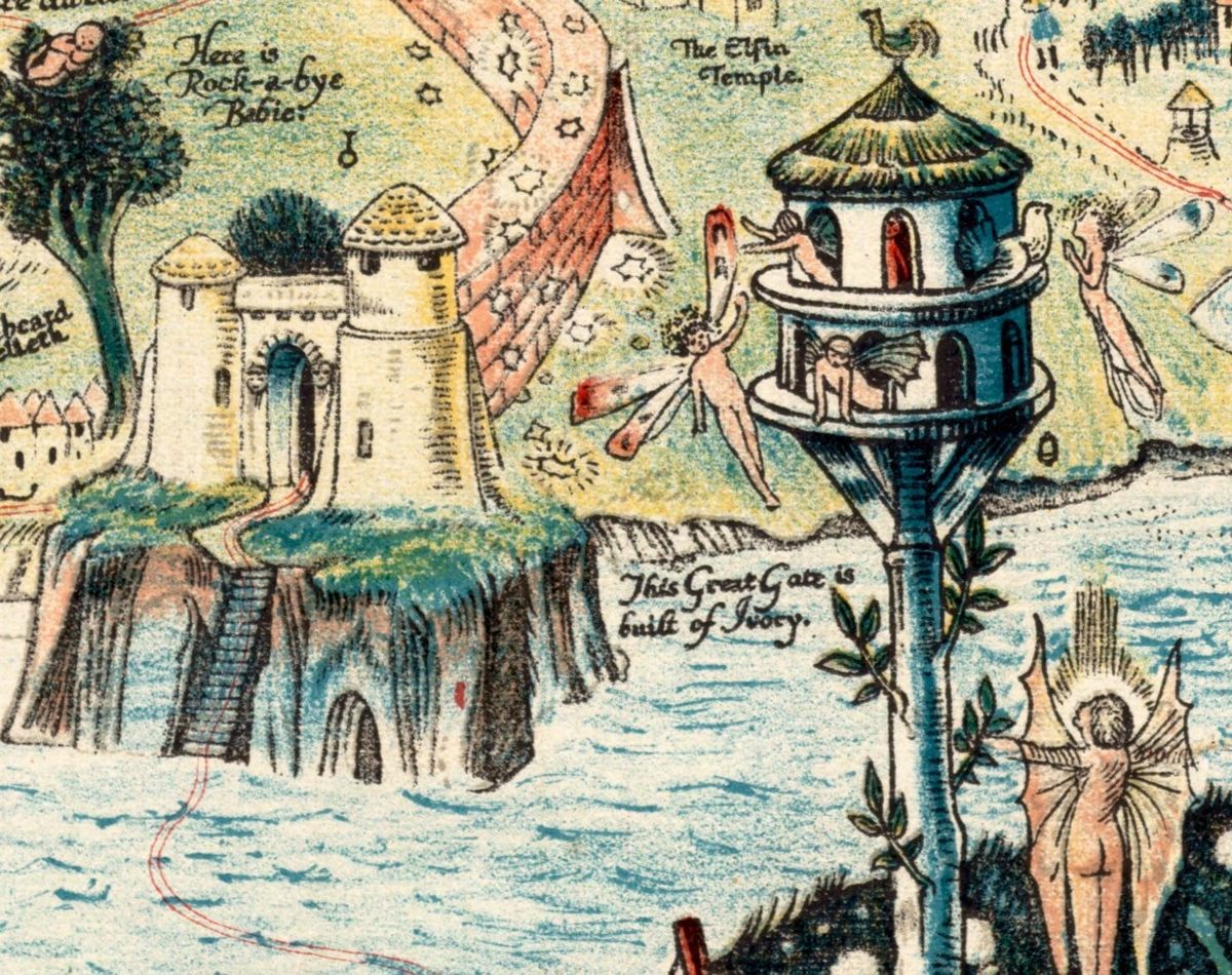 Fairies watch a "Great Gate" of ivory.
