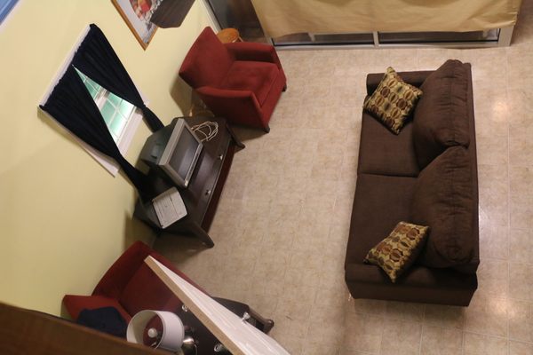 Looking down onto the living room.