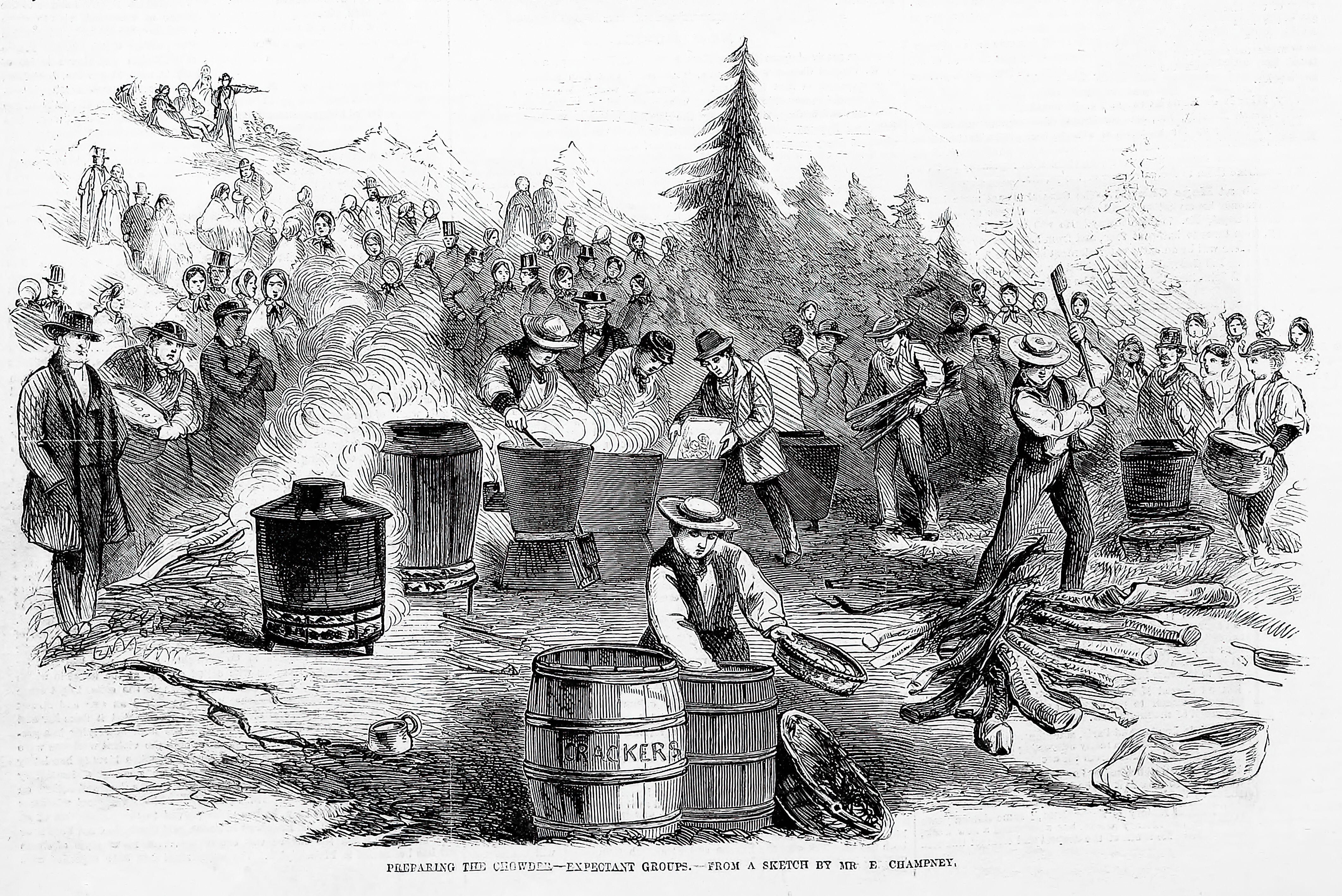 An 1860 illustration of a group in Massachusetts preparing massive amounts of chowder.
