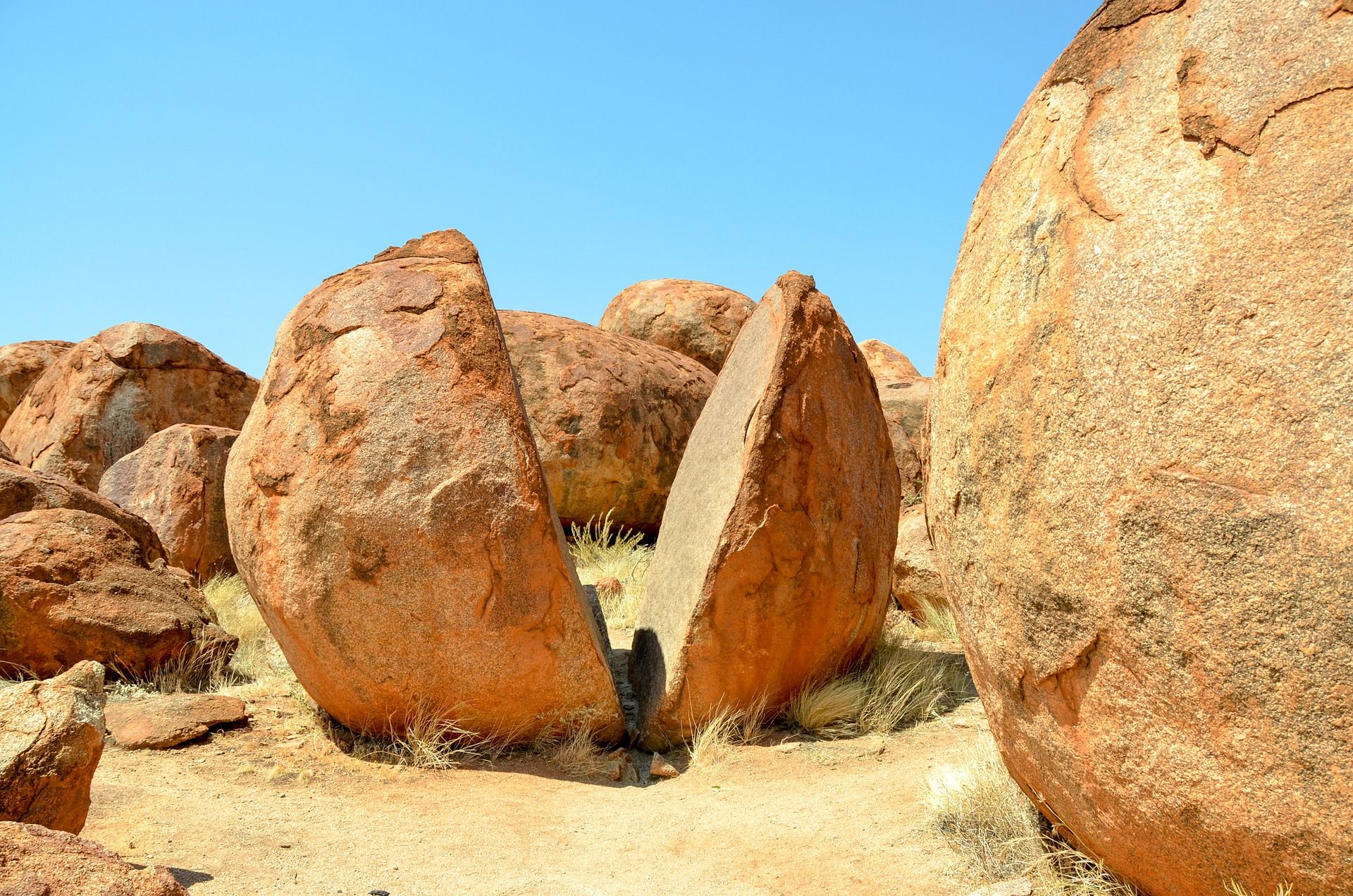 A concretion split in half at "Devils Marbles" in Australia.