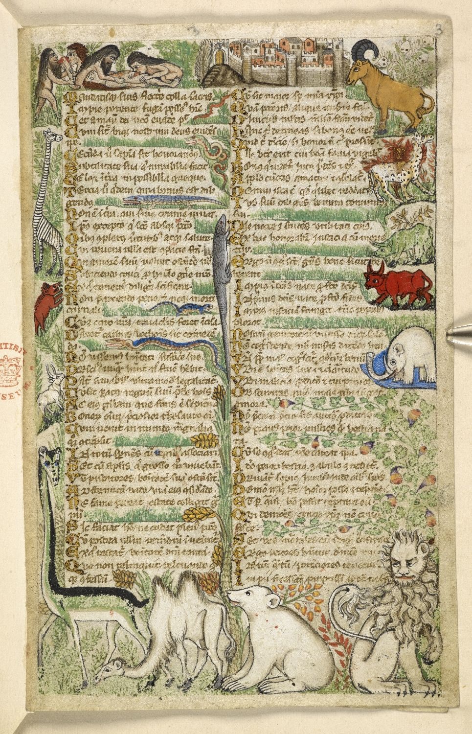 <em>Wild Fauna, Including a Giraffe</em>, Folio 3, <em>Verses on Events from the History of Sicily in the Time of Frederick II</em>, c. 1330–40.