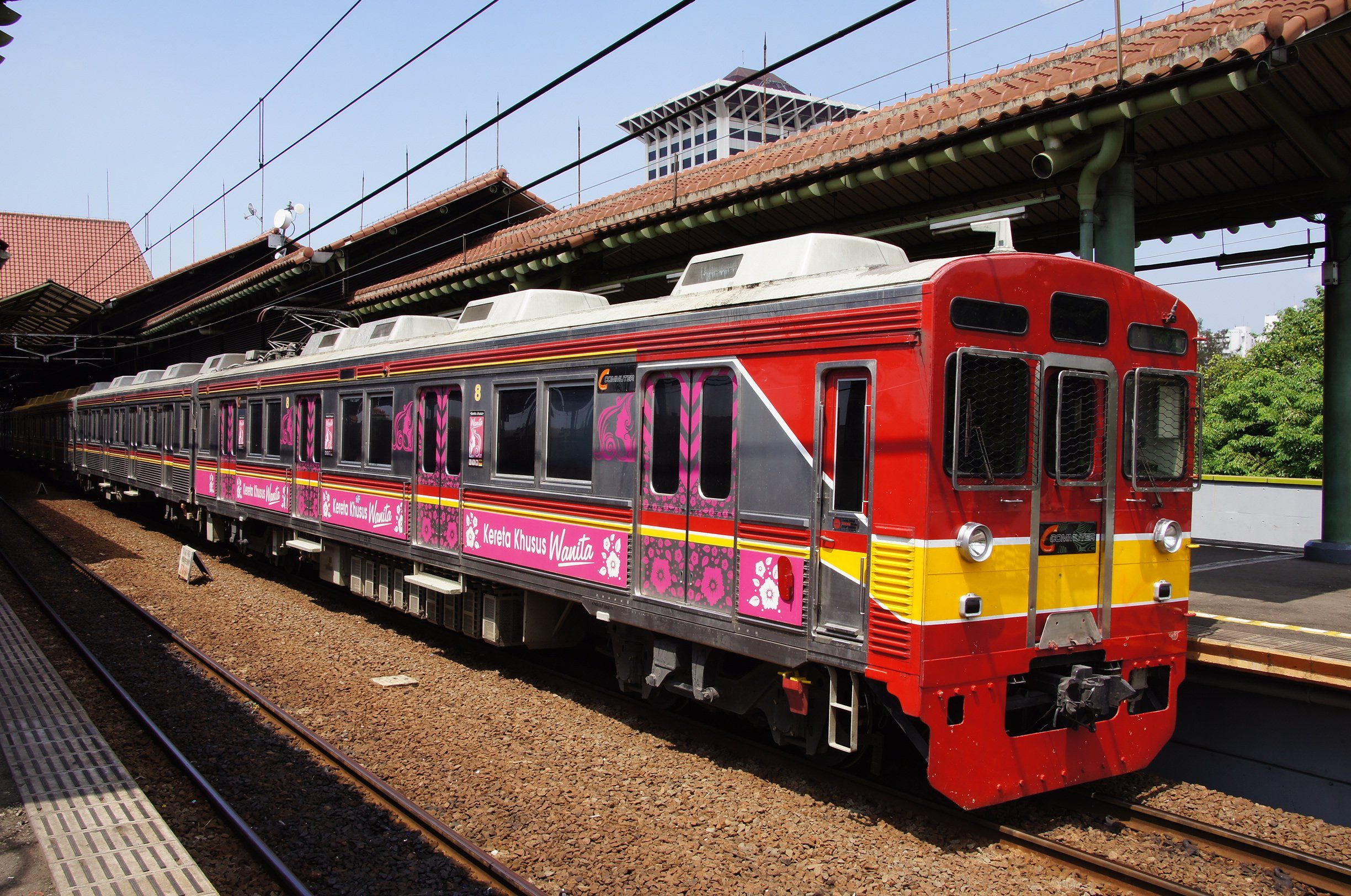 A women-only passenger car on a commuter line electric train at Gambir Station in Jakarta.