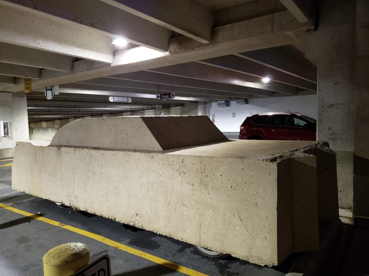 One of Vostell’s best known works, <em>Concrete Traffic</em>. can be found in a school parking garage. It's not going anywhere. 