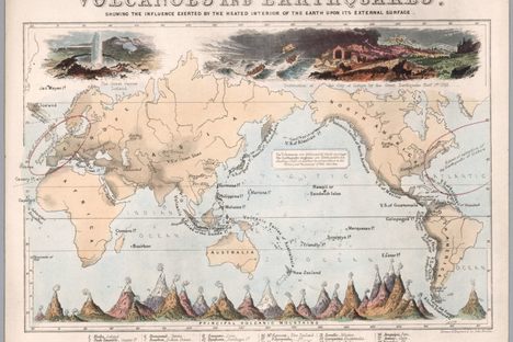 In this map, Phenomena of Volcanoes and Earthquakes, chartmakers John Emslie and James Reynolds show the distribution and heights of all the active volcanoes in the 1800s.