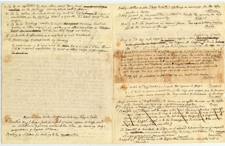 Handwritten drafts of dictionary entries written by Noah Webster, c.1790