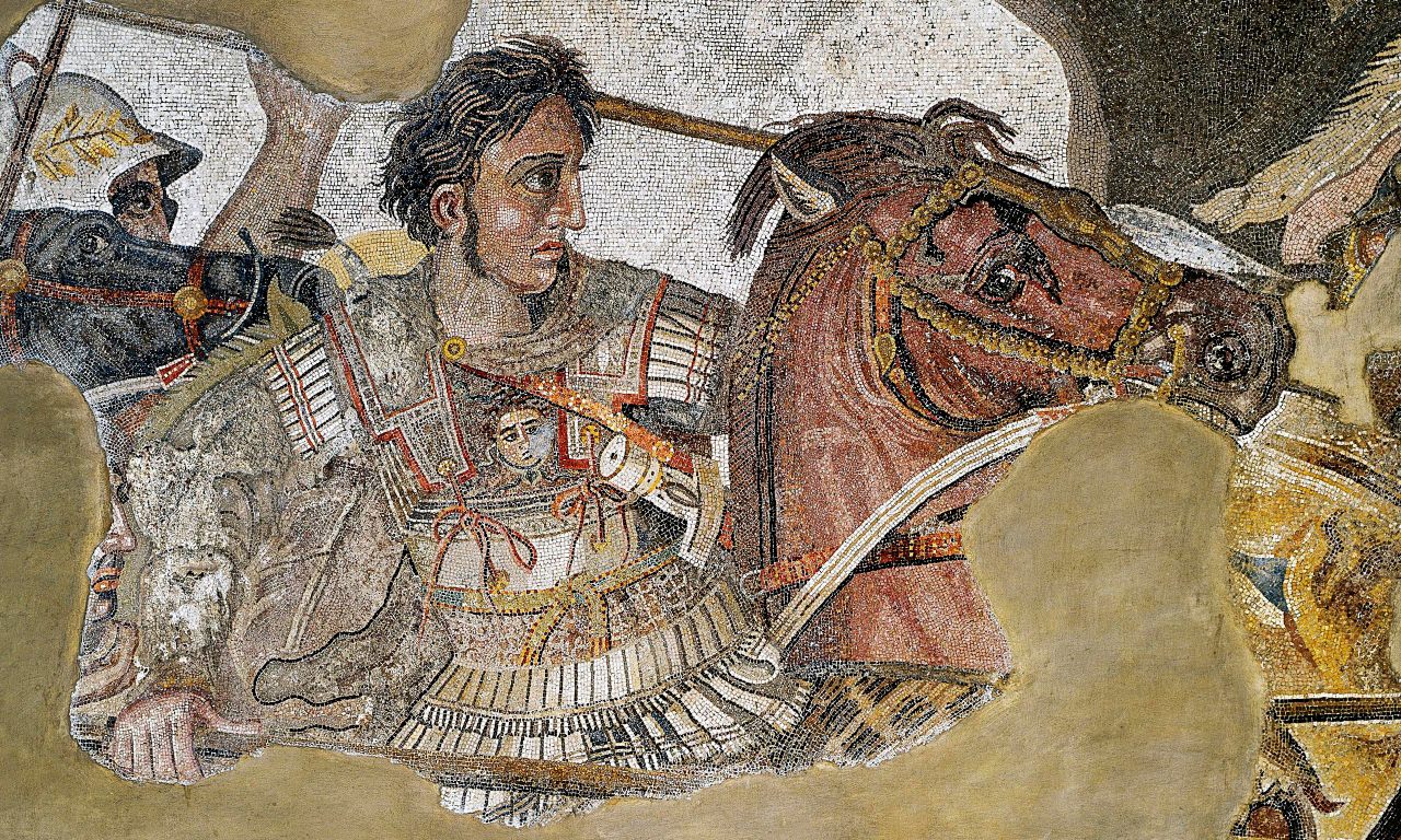 Alexander the Great, in battle with Darius III, in a mosaic from Pompeii.