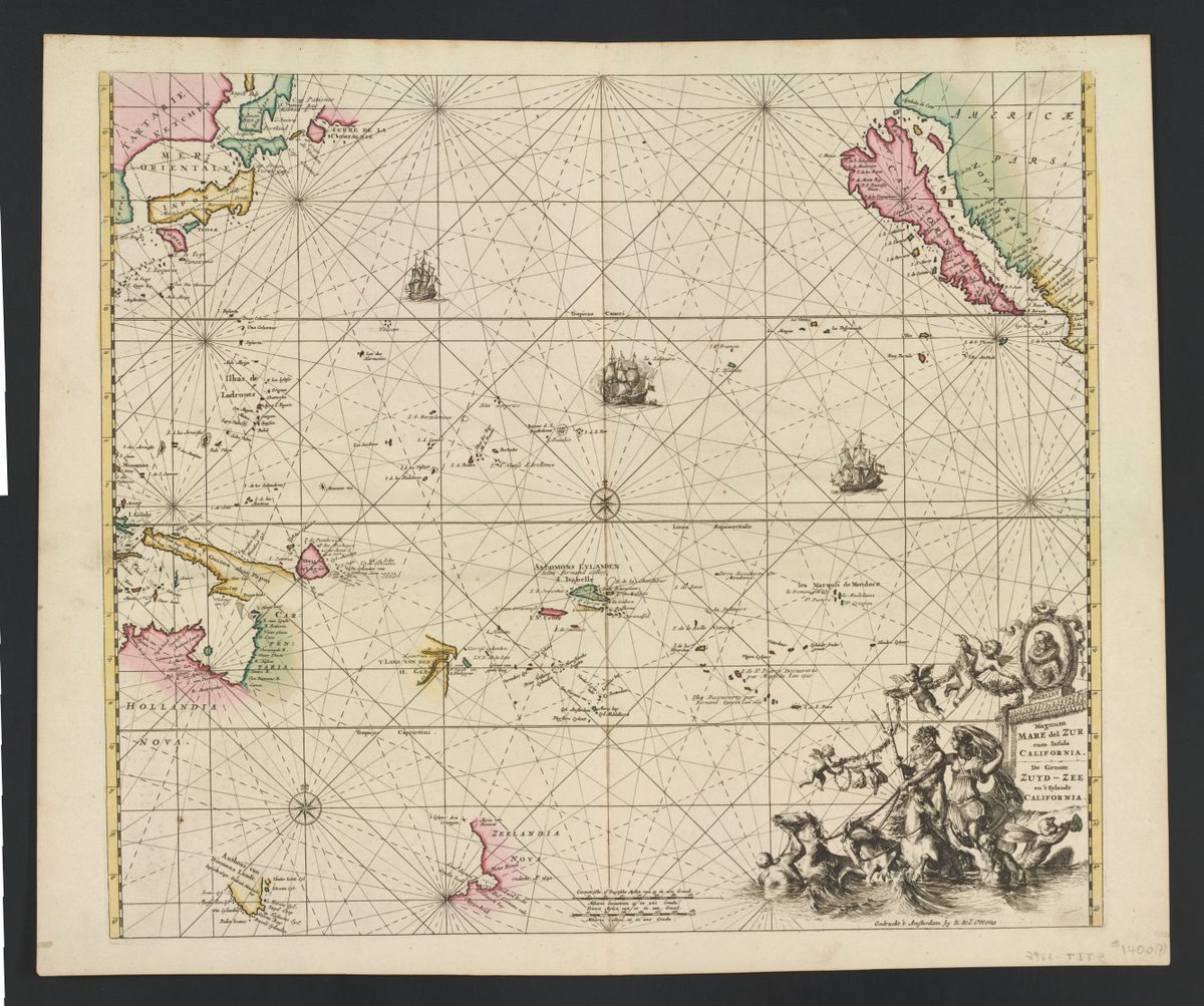 ‘De Groote Zuyd-Zee en ‘t Eylandt California’, created by R. and J. Ottens and printed in Amsterdam in 1745. The map shows California as a Pacific island, larger than Japan and much more defined than Australia or New Zealand, traced only in partial outlines and labelled Hollandia Nova and Zeelandia Nova.