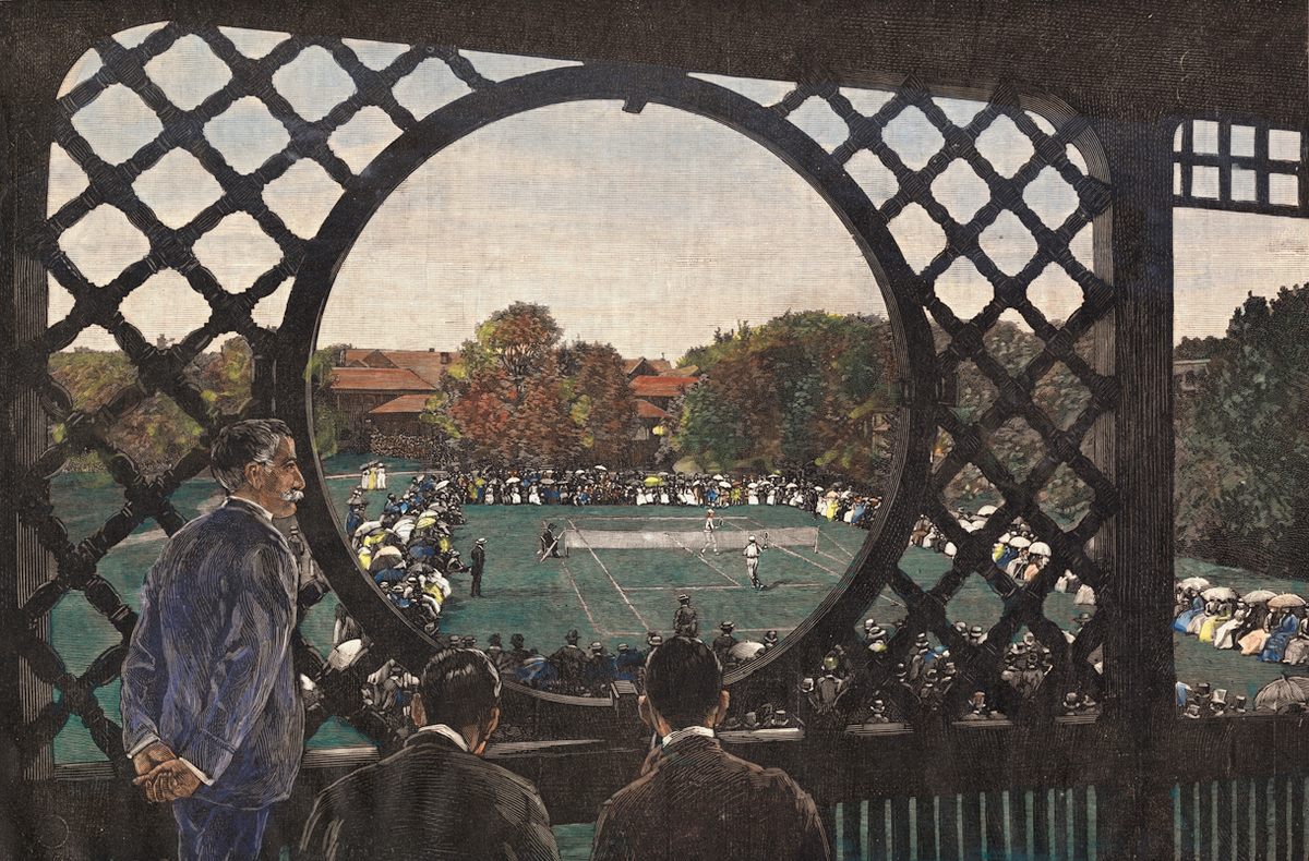 A view of lawn tennis at Newport, Rhode Island, in 1885, from the upper balcony of the Casino.