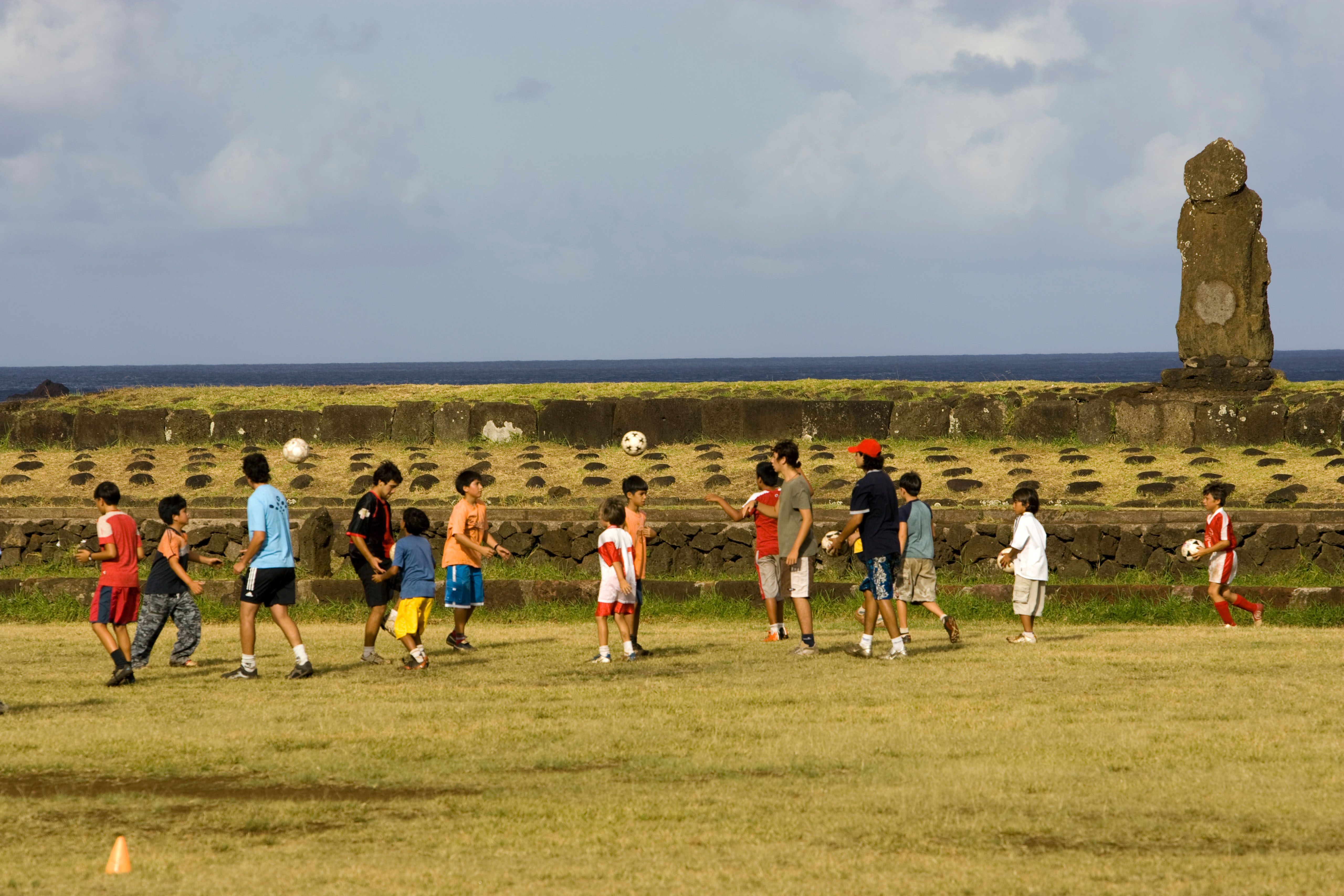 Children playing soccer in Rapa Nui. The percentage of young people who speak Rapa Nui has been steadily declining. 