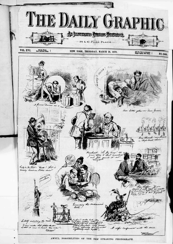 The cover of the March 21st, 1878 Daily Graphic, depicting various phonograph mishaps.