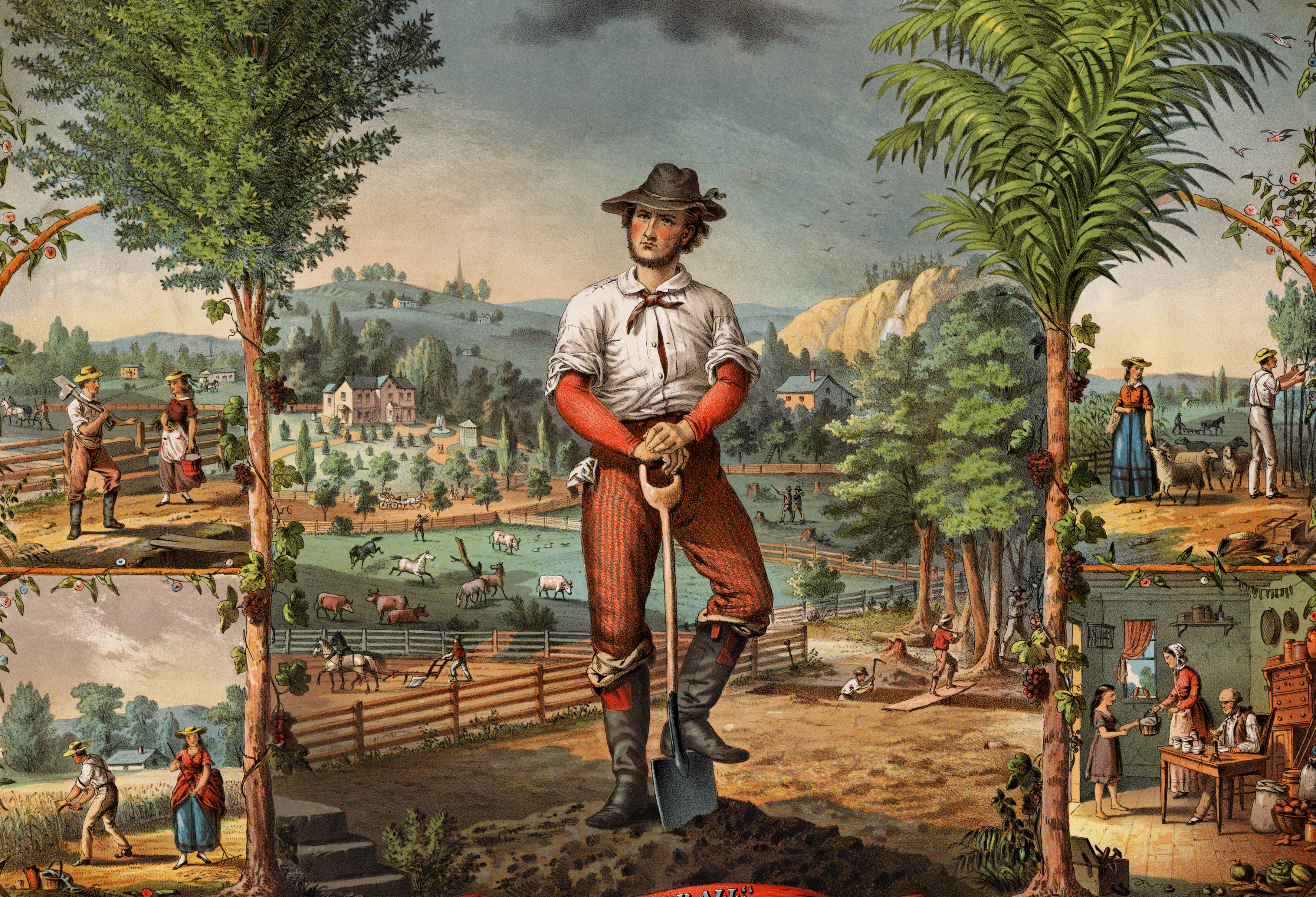 An 1873 poster shows an idealized portrait of the pioneer farmer on his land.