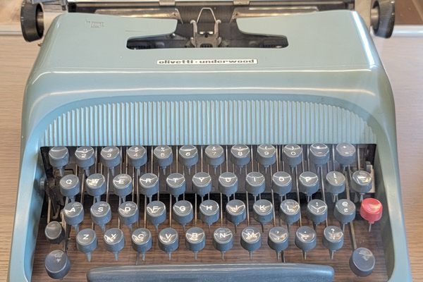 One of Roth's typewriters is on display here.