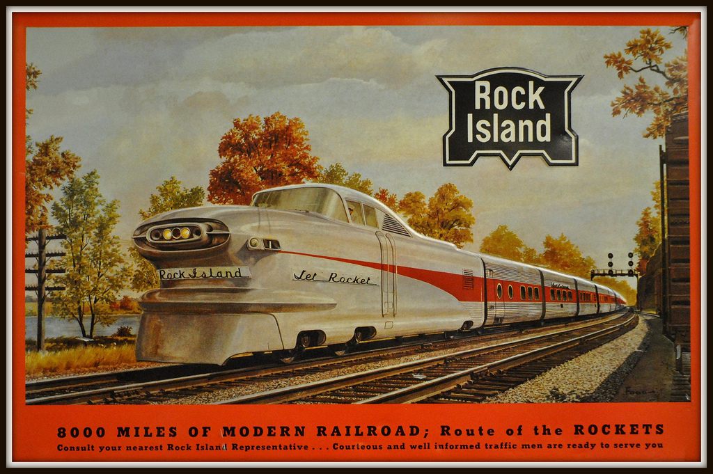 A postcard for the Rock Island, a private passenger train provider that predates Amtrak.