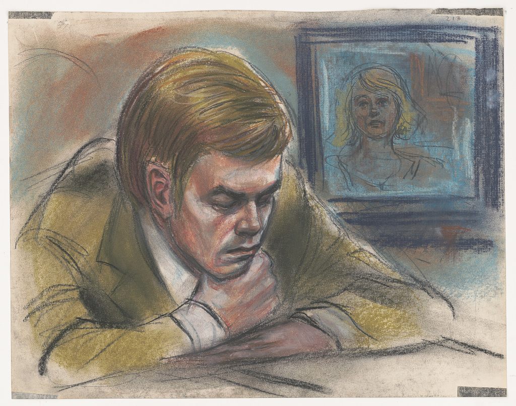 A 1982 courtroom illustration by Freda Liebowitz Reiter shows defendant John Hinckley Jr., who attempted to assassinate Ronald Reagan, listening to videotaped testimony from actress Jodie Foster, with whom he was obsessed.