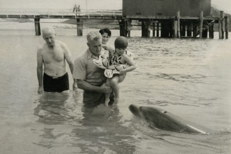 Opo playing with some visitors in 1956.