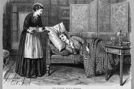 A 19th-century illustration of a woman resting while her nurse brings her refreshments.