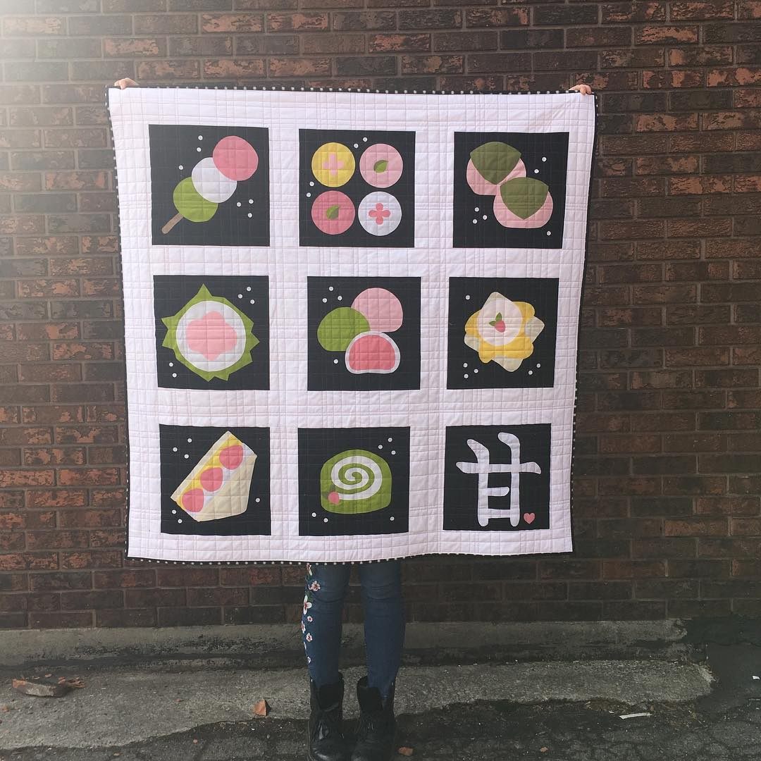 Japanese sweets such as <em>dango</em> and <em>fruit sando</em>, in quilt form.