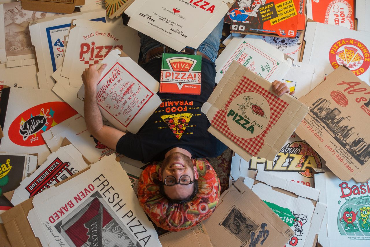 People send Scott Wiener pizza boxes from around the world for preservation.