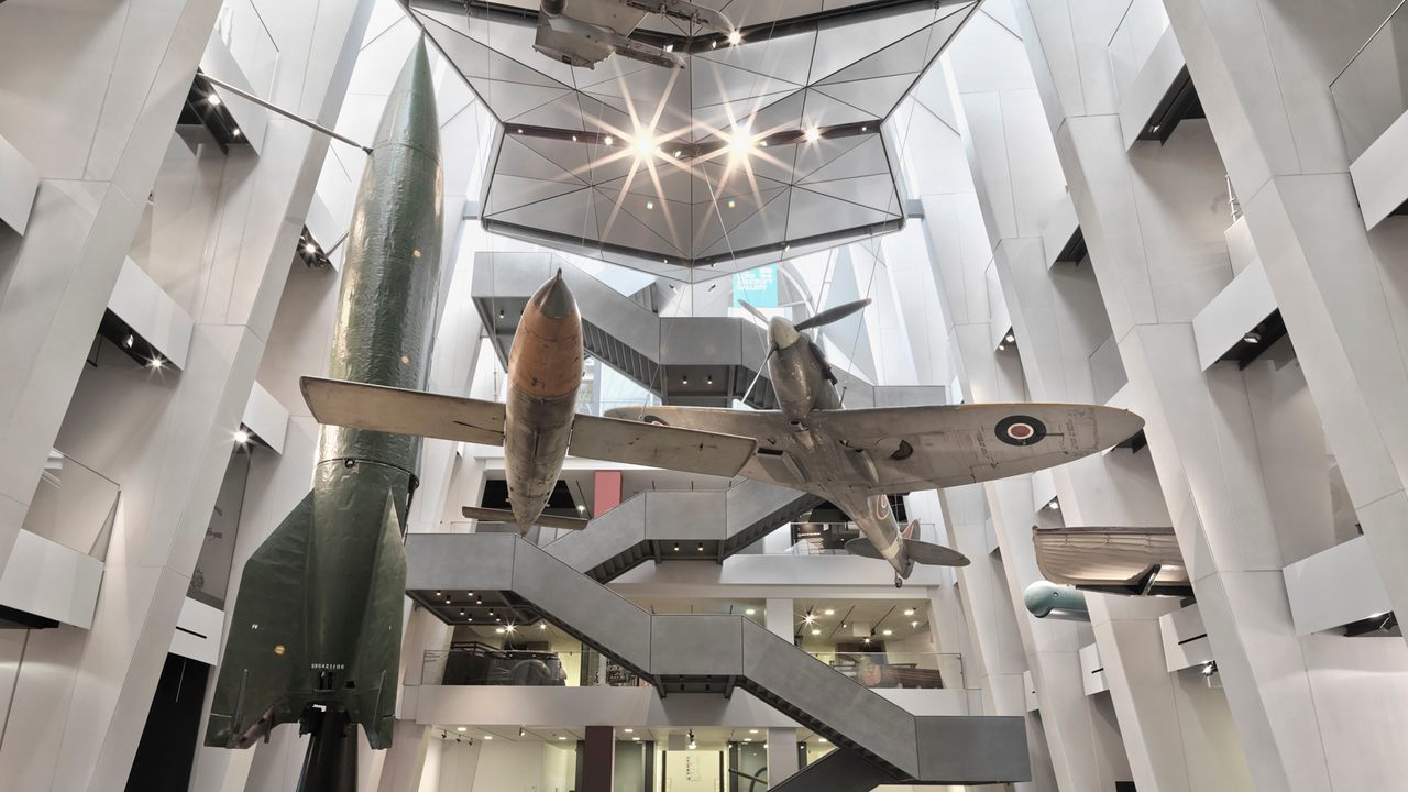 The V-2 rocket (left) in the atrium of the Imperial War Museum in London. 