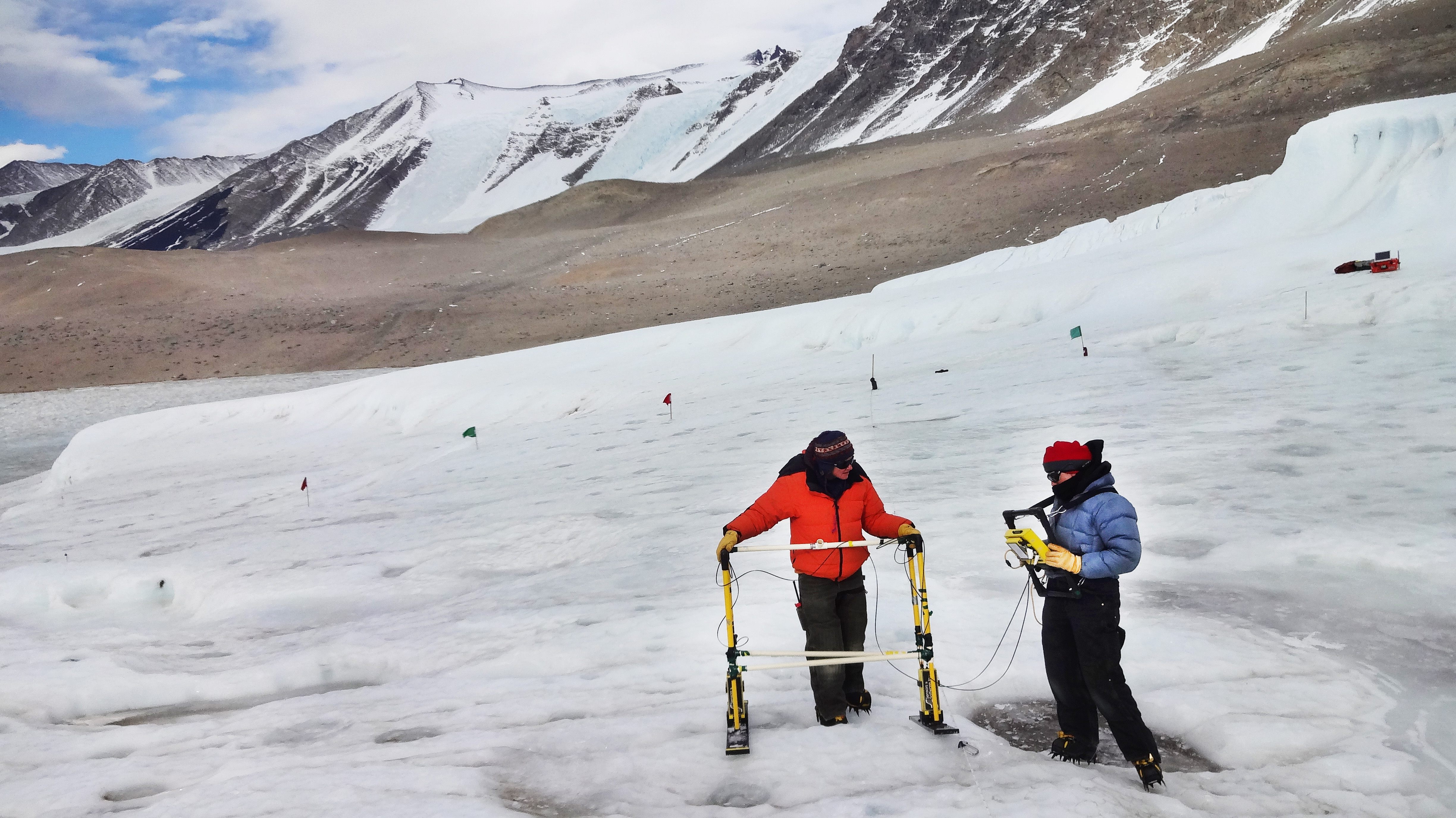 Researchers using radio echoes to see inside a glacier. 