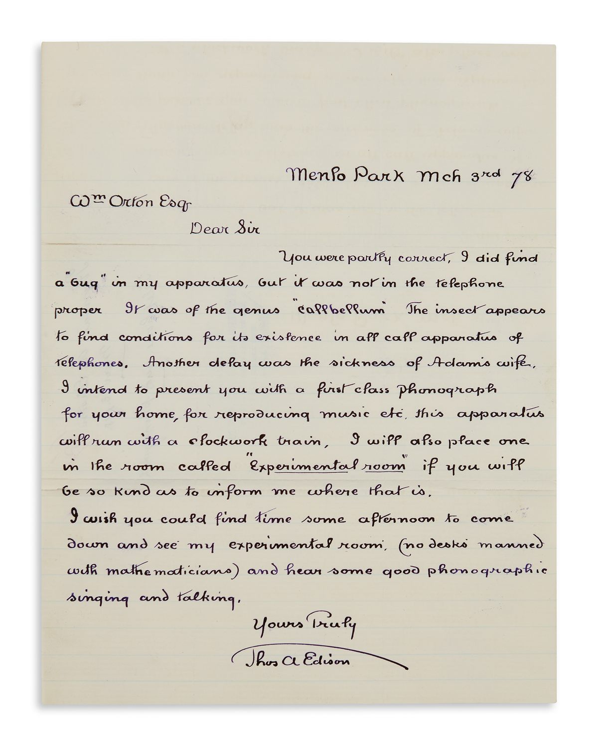 Thomas A. Edison's letter to Western Union President William Orton, 1878.