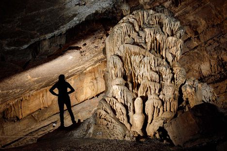 Admiring the Tower of Babel, Pennsylvania’s largest-known stalagmire, in Woodward Cave. 