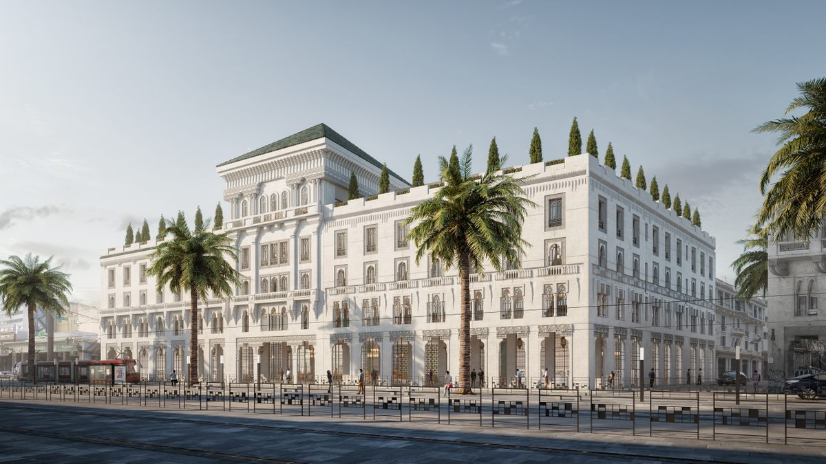 Architect Tarik Oualalou, one of the founding members of Casamémoire (he has since left the nonprofit), is leading the reconstruction of the Hotel Lincoln. The rendering shows a close copy of the original, which integrates the surviving facade into its design.