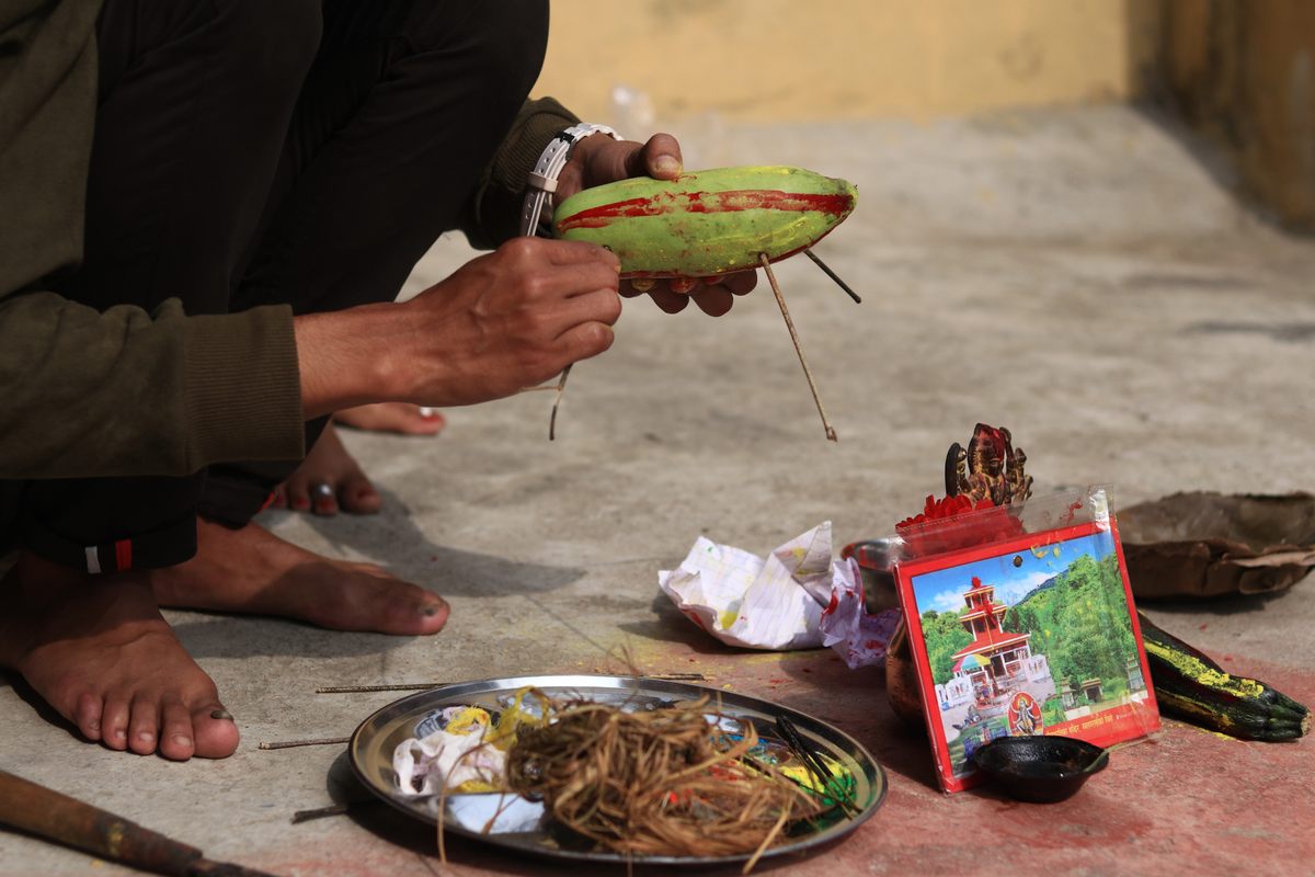 A vegetable gets some wooden legs before it is sacrificed.