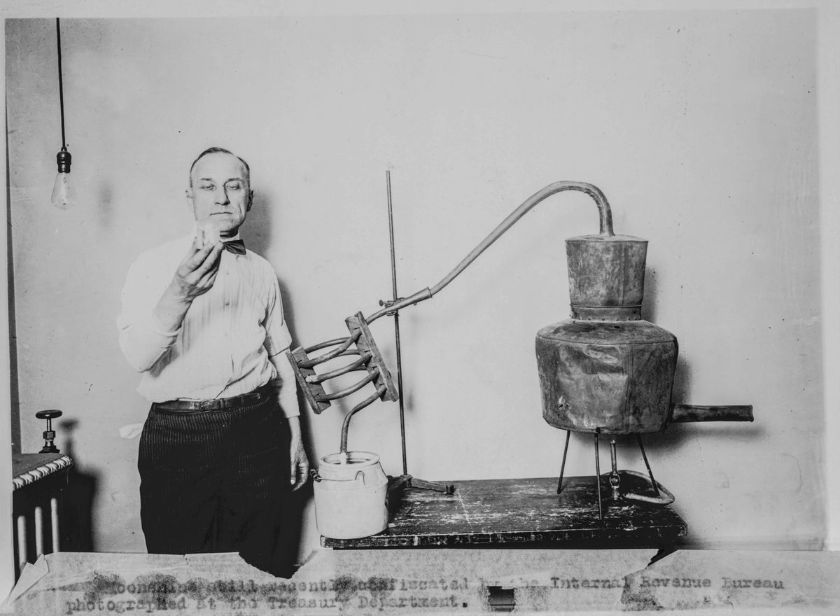 A moonshine still confiscated by the Internal Revenue Bureau, photographed at the Treasury Department.