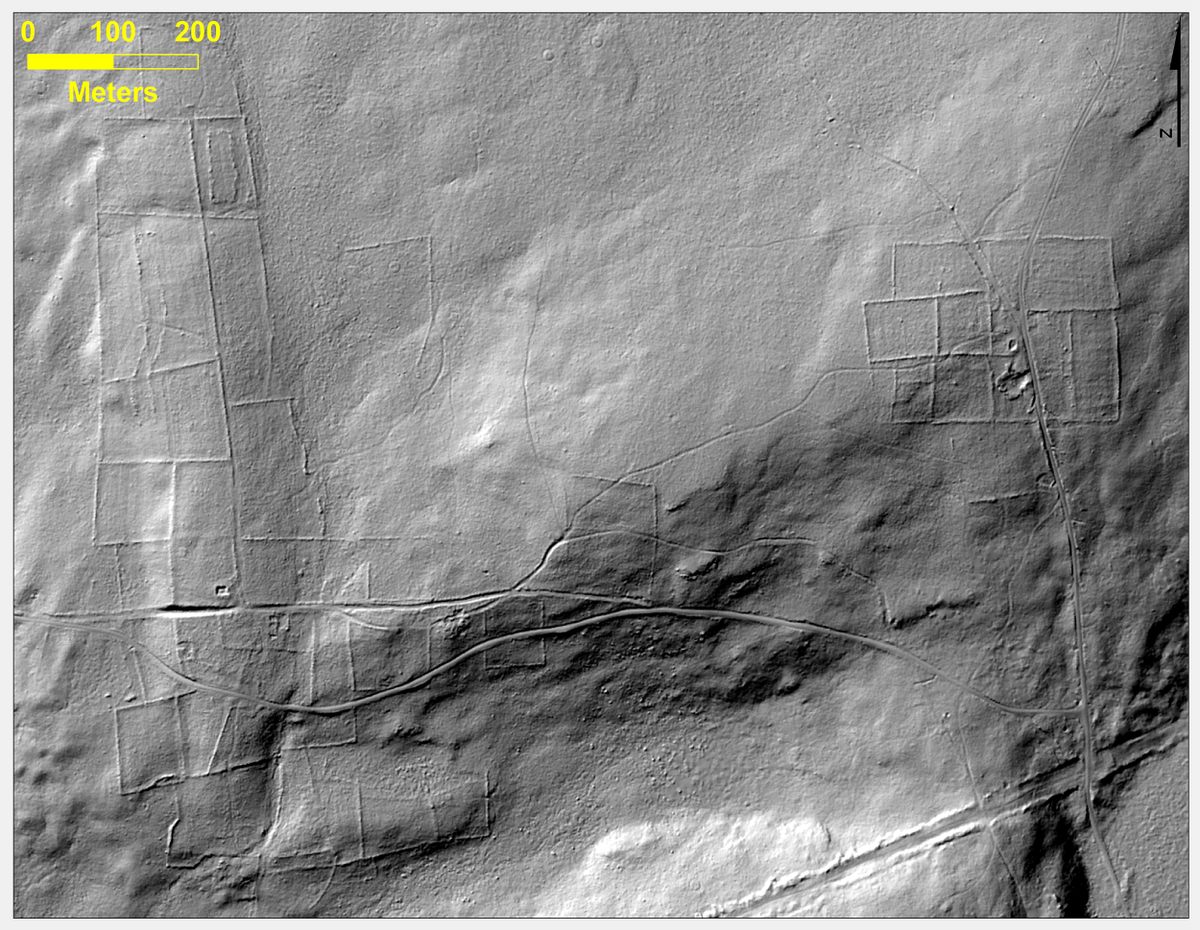 A lidar image showing the concealed walls beneath a forest in Eastford, Connecticut.
