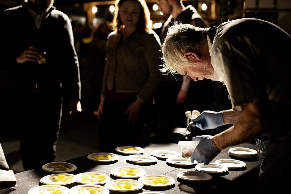 Plating early-modern snacks at the Tattersall Distilling.