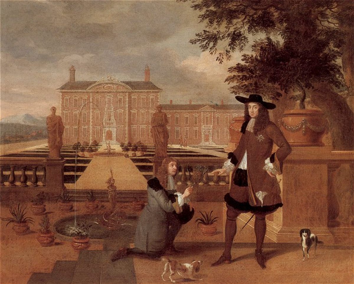 A 1675 painting shows the royal gardener presenting Charles II with the first pineapple grown in England.