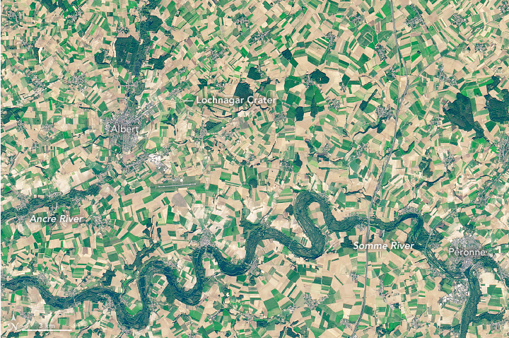 The Lochnagar Crater is visible from space, as a little black dot near the town of Albert.