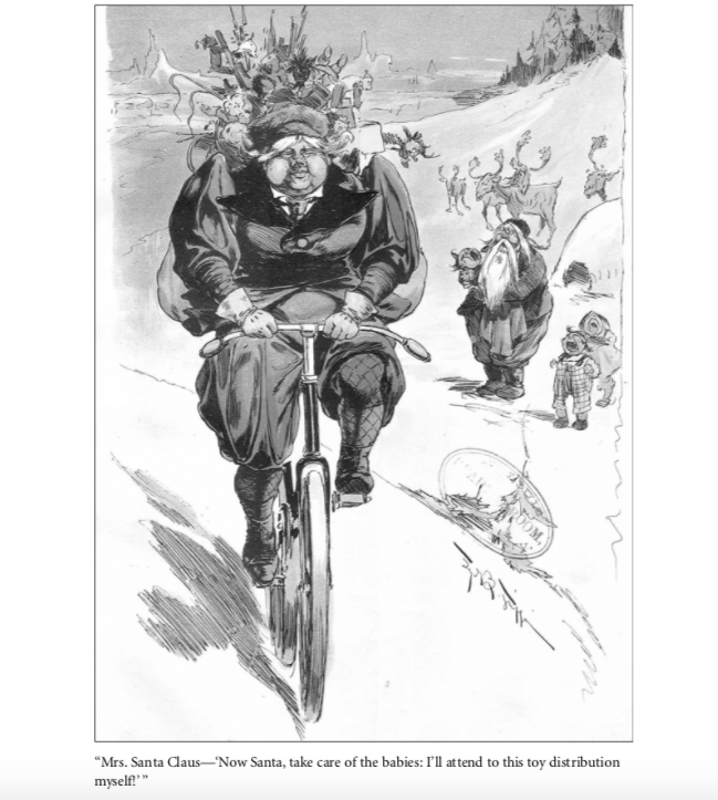 A cartoon from the Dec. 7, 1895, issue of the satirical magazine <em>Judge</em> shows Mrs. Claus leaving Santa and her children behind as she pedals away on her way to deliver Christmas gifts.