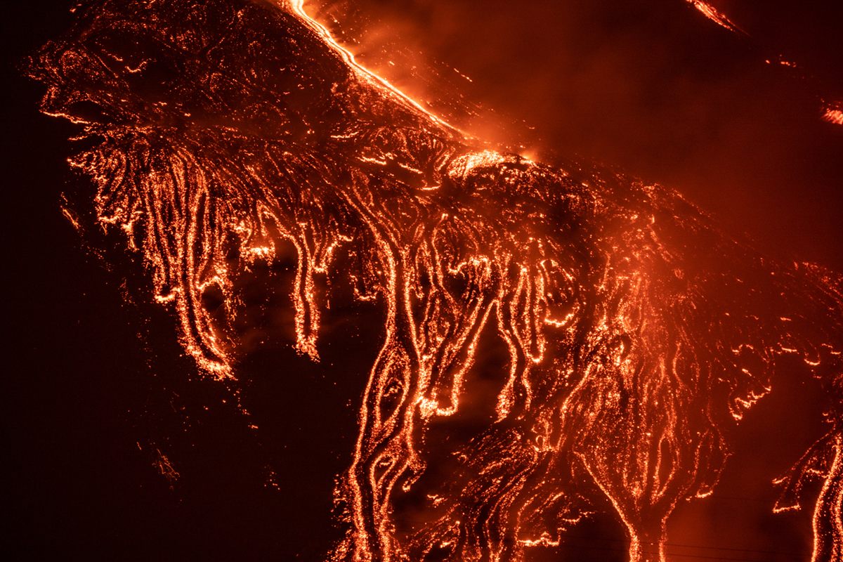 Etna, seen here on February 23, 2021, produces oozy lava in addition to explosive fountains.