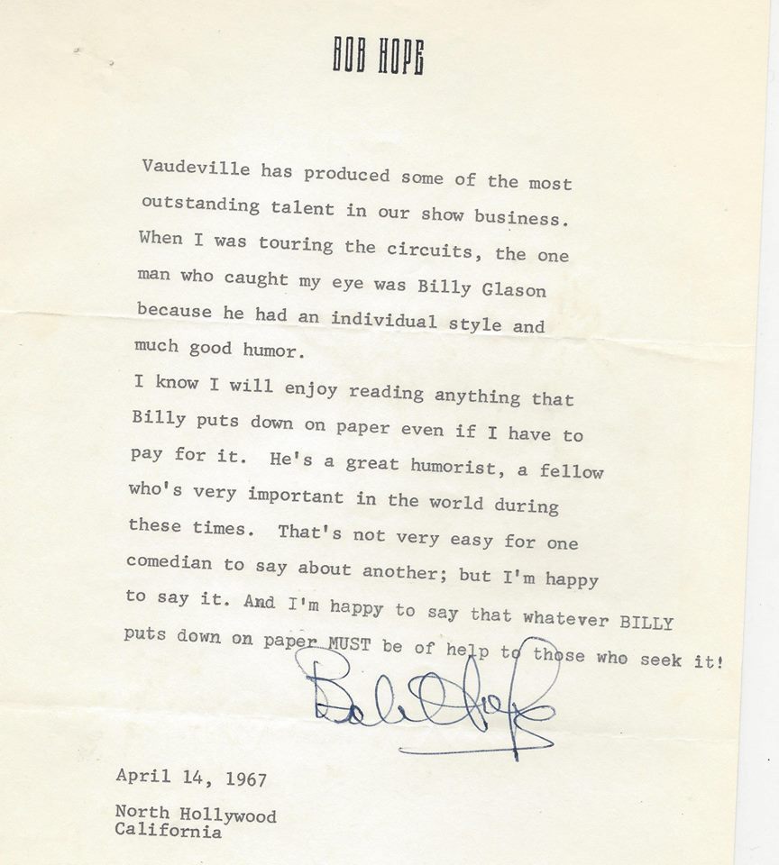 A letter from Bob Hope endorsing Billy Glason.