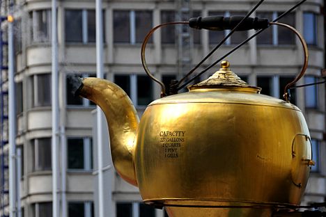The huge tea kettle often smokes with the "boiling" tea inside