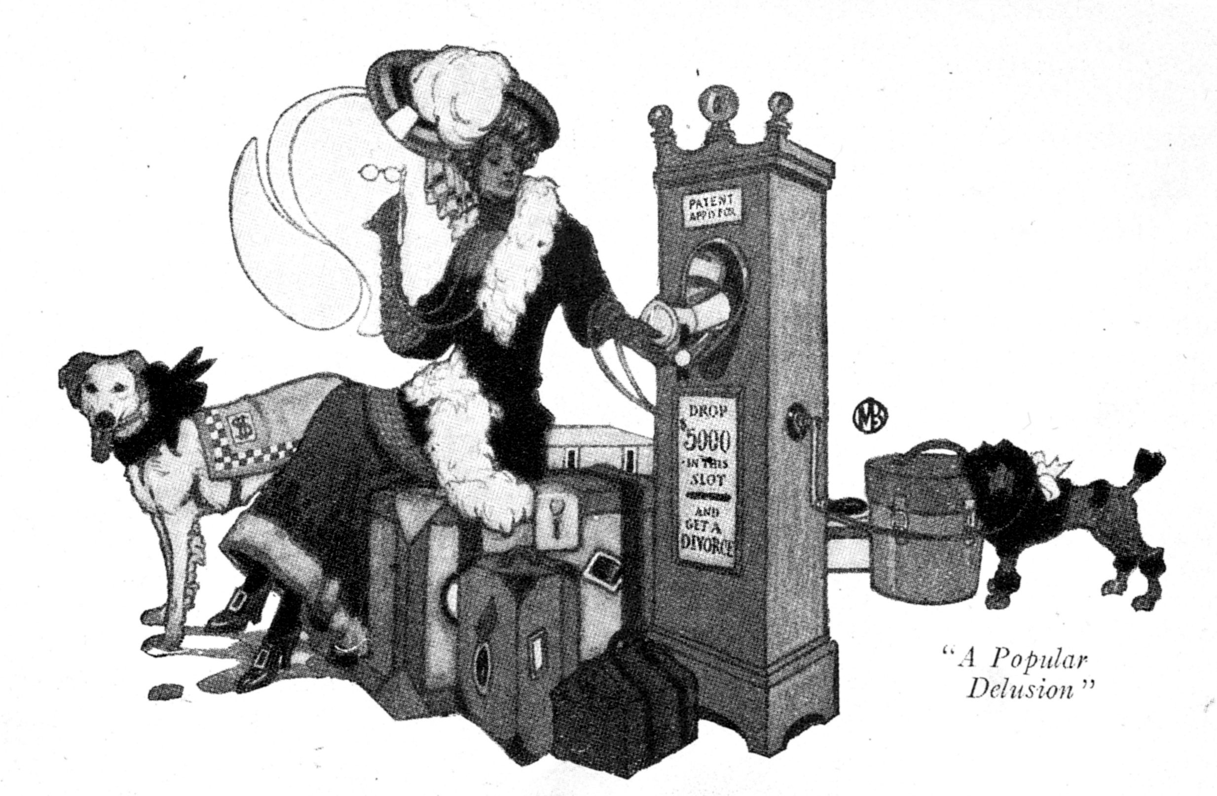 In this cartoon, a wealthy woman drops a coin in a machine whose sign reads, "Drop $5,000 in this slot and get a divorce."