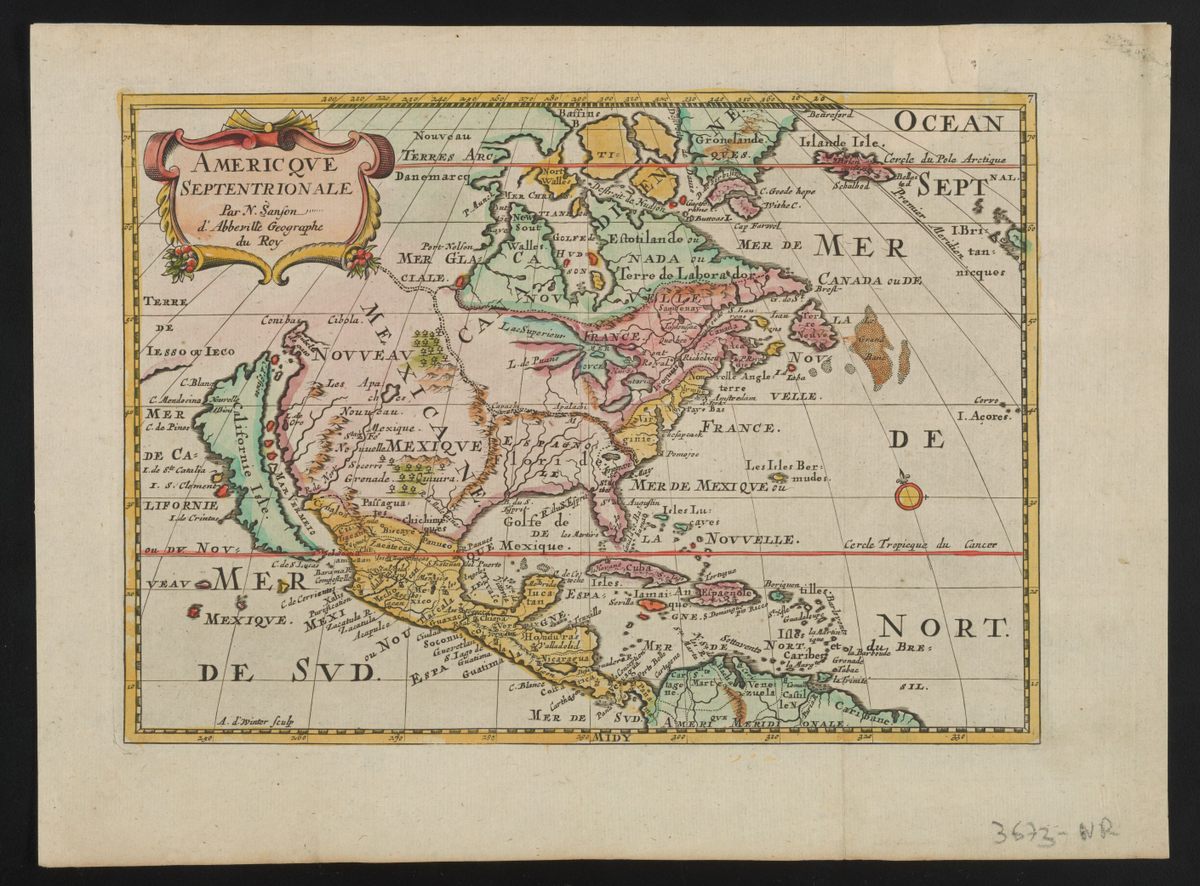 ‘Americque Septentrionale’ by Nicolas Sanson (Utrecht, ca. 1682). Classic representation of California as an island, with some extra fantasy islands added to the narrows separating it from the mainland.