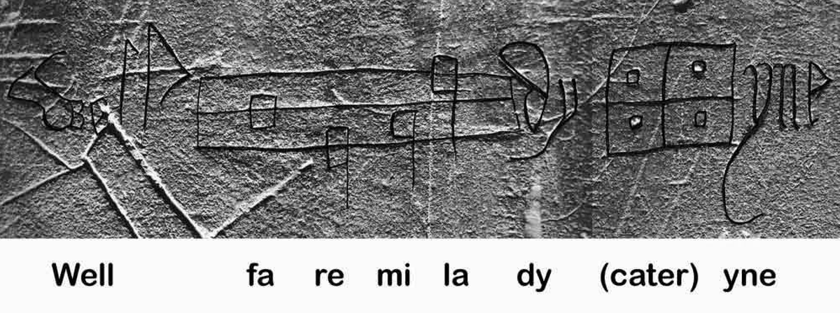 A rebus believed to be carved by Chaucer contemporary John Lydgate and decoded as a message to his love interest, Lady Catherine.