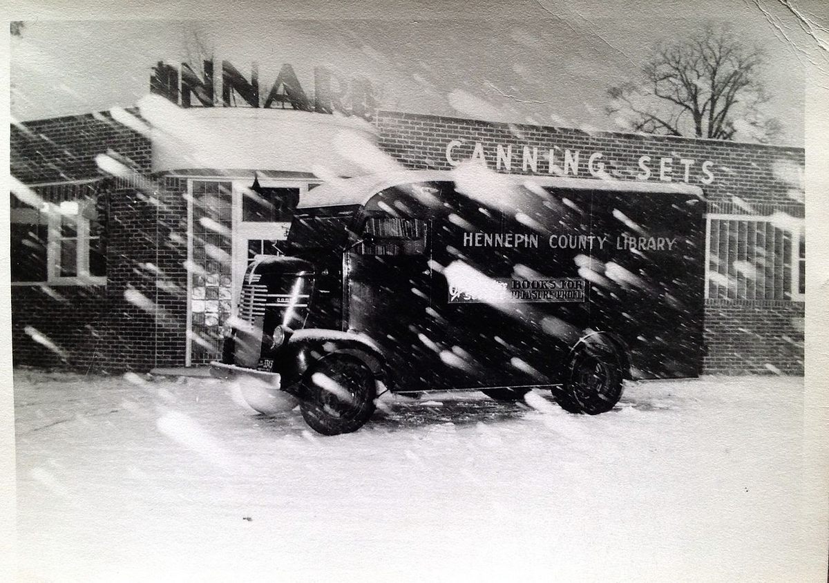 The Hennepin County Library bookmobile in bad weather, Minnesota, c. 1950s.