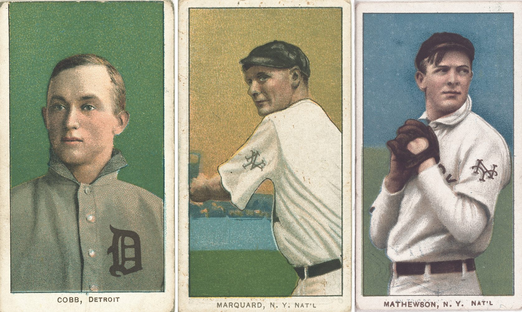 Three cards featuring Ty Cobb of the Detroit Tigers (left), Rube Marquard of the New York Giants (center), and Christy Mathewson of the New York Giants (left), ca. 1901-1911.