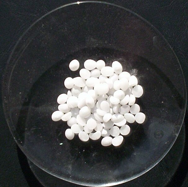 Potassium hydroxide tablets. Much less frightening than a flaming oven.