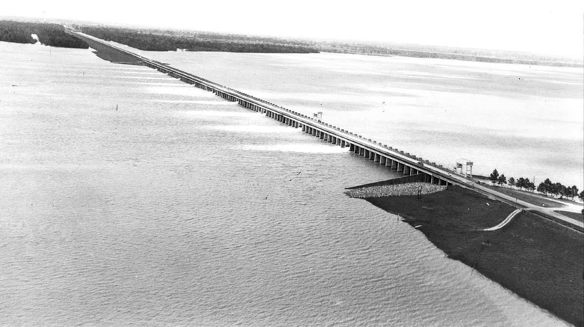 The Morganza Spillway sits between the Mississippi River (upper right) and the Atchafalaya Basin. This is what it looked like opened in 1973.