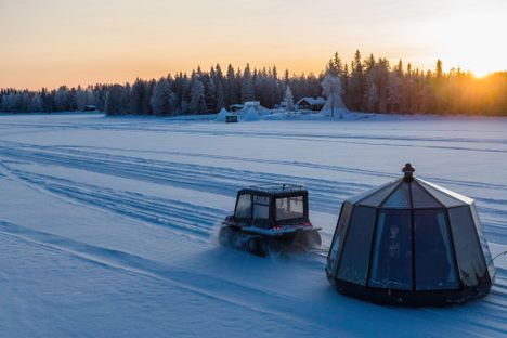 AuroraHut Igloo moving on top of the ice during winter.