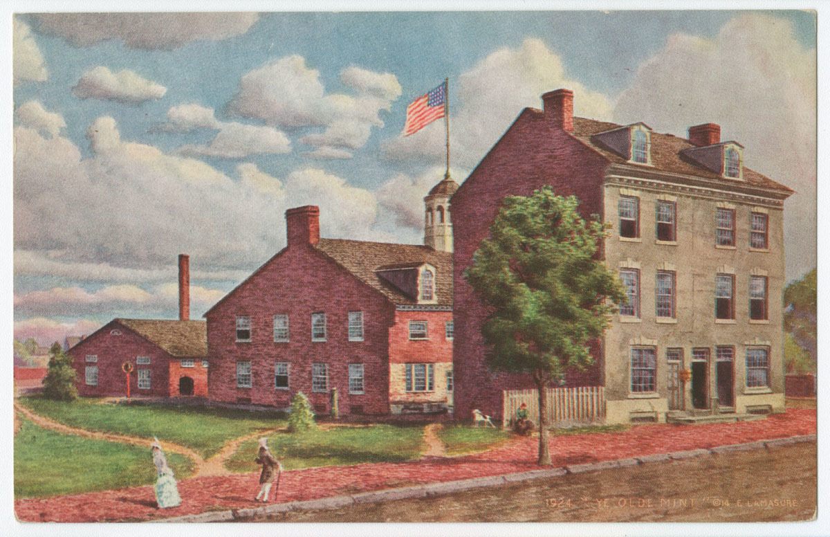 An early 20th-century postcard depicting the first Mint in Philadelphia, where the first decade of American dollars were struck.