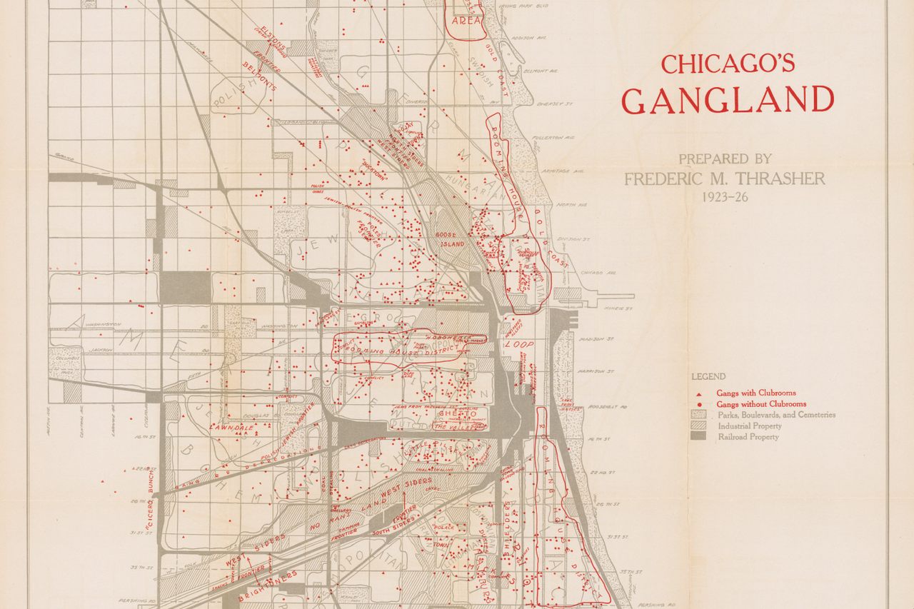This map of Chicago's gangs was tucked away in the back pocket of Frederic Thrasher's 1927 book <em>The Gang: A Study of 1,313 Gangs in Chicago.</em>