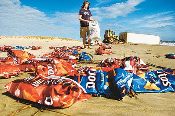 Thousands of bags of chips washed up on Hatteras Island.